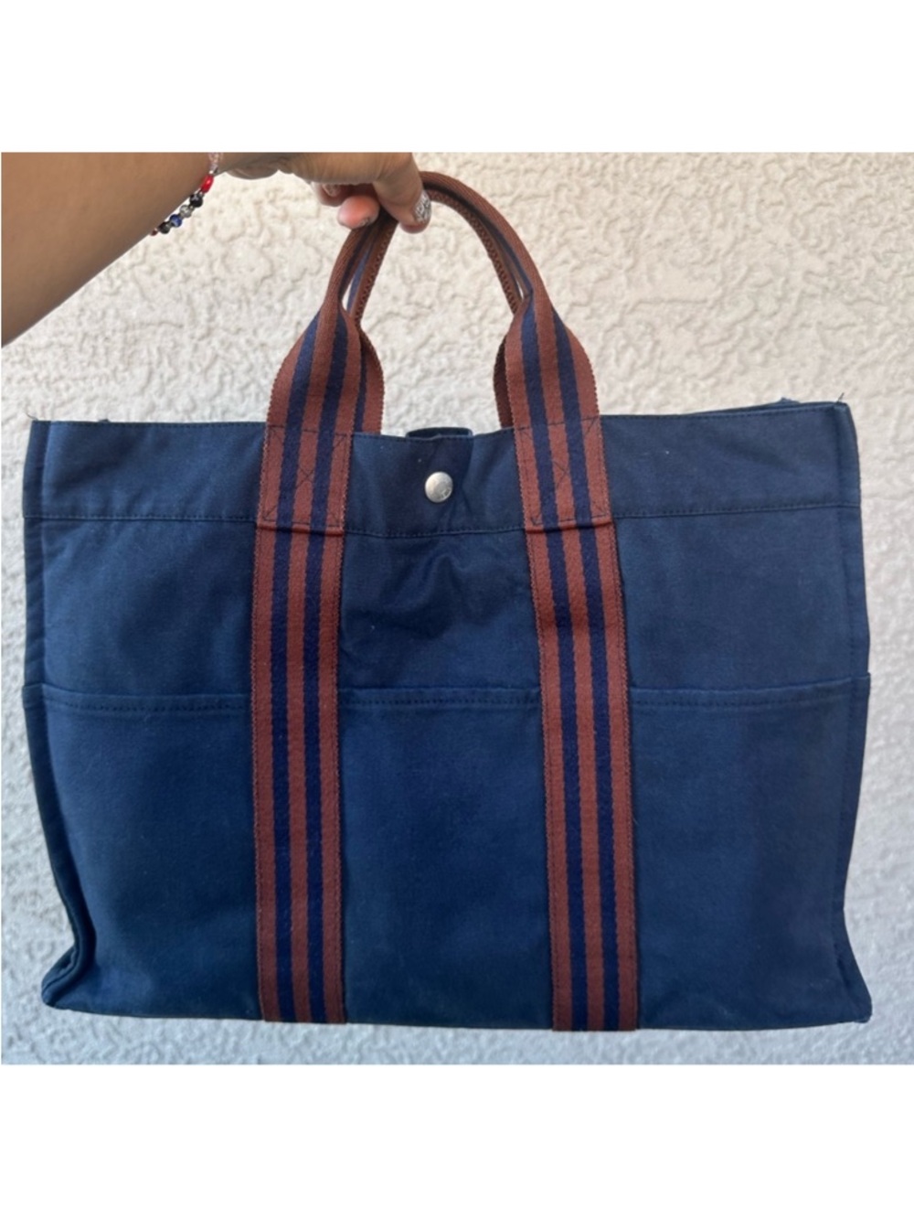HERMES Navy Blue Canvas Tote Bag with Brown handle